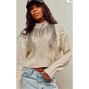 Free People Icicle Embellished Chandeliers Mock Neck Cropped Chunky Sweater XS